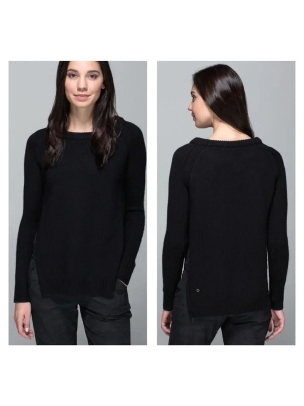 LULULEMON Women’s Black Knit Sweater Side Vented Crewneck D10